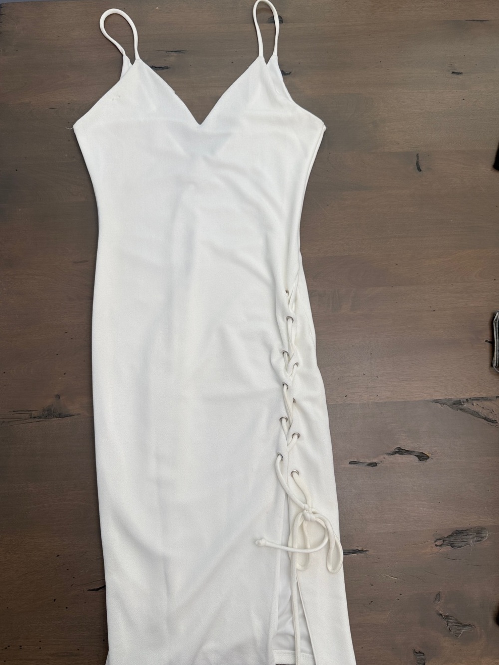 Black Bead White Lace-Up Side Spaghetti Strap Midi Dress